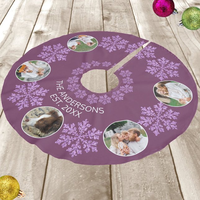 Snowflake Plum Bling Colourful 5 Photo Christmas Brushed Polyester Tree Skirt (This 5 photo plum purple and snowflake Christmas tree skirt makes a cute holiday housewarming gift)