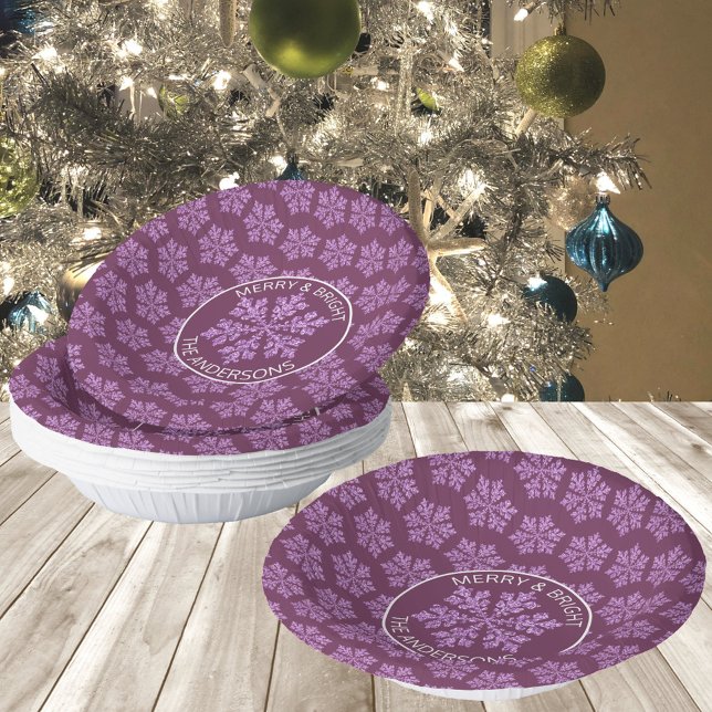 Snowflake Plum Bling Cute Christmas Party Paper Plate (Add these plum purple & snowflake Christmas paper bowls to your must haves for holiday gatherings)