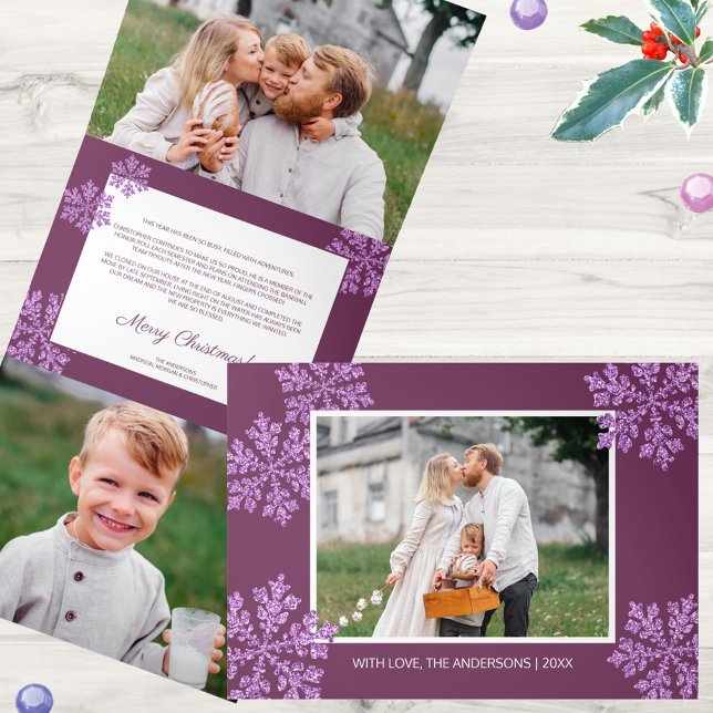 Snowflake Plum Bling Elegant 5 Photo Collage Tri-Fold Holiday Card (These personalized purple snowflake tri-fold holiday cards will deliver Christmas cheer)