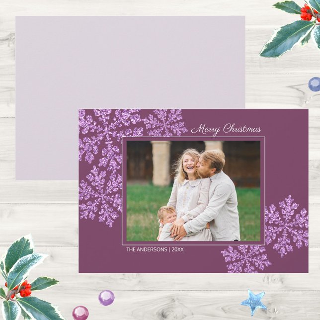 Snowflake Plum Bling Elegant Christmas Photo Holiday Card (Add a little plum purple goodness to your Christmas cards with this snowflake design and your photo)