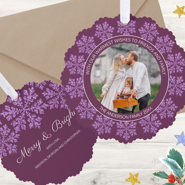 Snowflake Plum Bling Elegant Photo Christmas Tree Decoration Card (Send personalized photo Christmas ornament cards in dark purple & snowflakes to friends & family)
