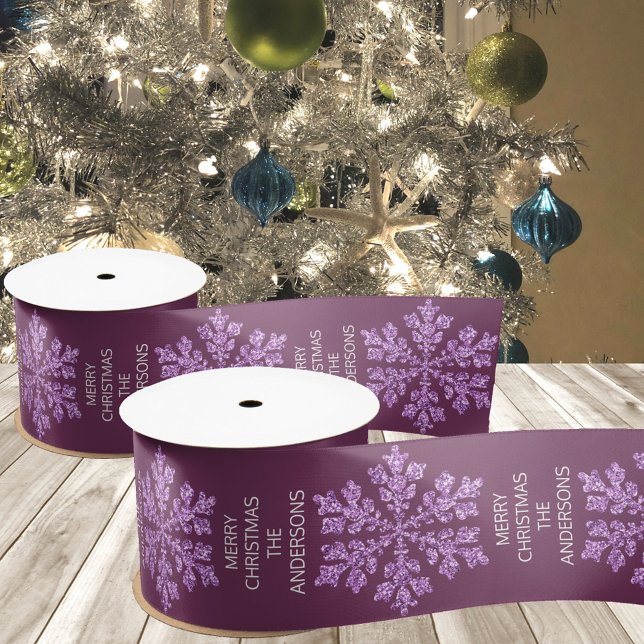 Snowflake Plum Bling Elegant Trendy Christmas Satin Ribbon (Add your name to this personalized dark purple Christmas ribbon with faux glitter purple snowflakes)