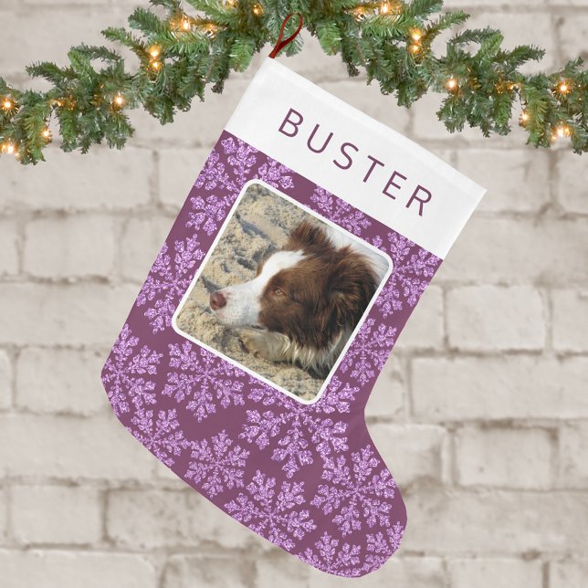 Snowflake Plum Bling Simple Cute Kid Or Pet Photo Large Christmas Stocking (So cute for kids and pets, these double sided photo Christmas stockings are easy to personalize)