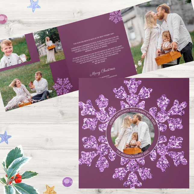 Snowflake Plum Bling Unique 7 Pic Multi Photo Tri-Fold Holiday Card (Upload your 7 favorite photos into the design template for personalized tri-fold Christmas cards)