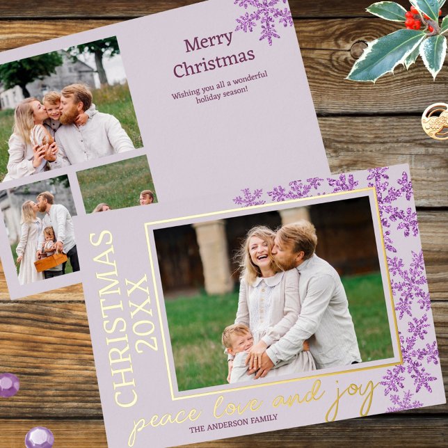 Snowflake Purple Glam 4 Photo Year Chic Gold Foil Holiday Card (Add your 4 photos and the year to these custom purple snowflake Christmas cards)