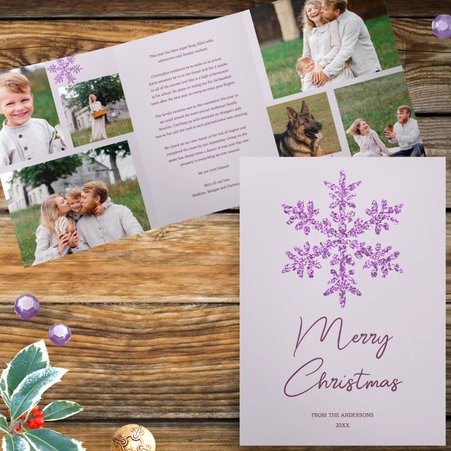 Snowflake Purple Glam 6 Pic Merry Multi Photo Tri-Fold Holiday Card (Upload your photos into this purple snowflake design to create one of a kind Christmas cards)