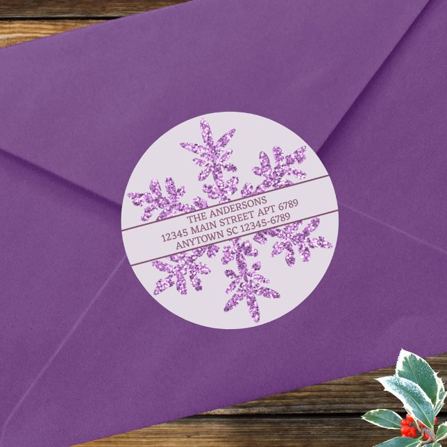 Snowflake Purple Glam Chic Rustic Envelope Seal (Custom faux glitter snowflake round stickers in purple, easy to customize as envelope seals and more)