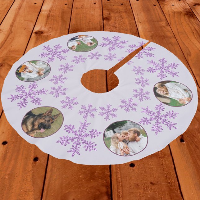 Snowflake Purple Glam Colourful 5 Photo Christmas Brushed Polyester Tree Skirt (Add 5 of your favorite photos to this glam faux glitter snowflake Christmas tree skirt in purple)
