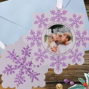 Snowflake Purple Glam Cute Family Photo Christmas Tree Decoration Card