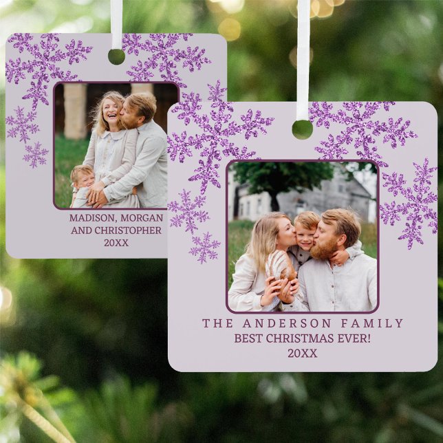 Snowflake Purple Glam Elegant 2 Photo Christmas Metal Tree Decoration (This 2 photo Christmas ornament allows for separate photos and text on each side for custom gifts)