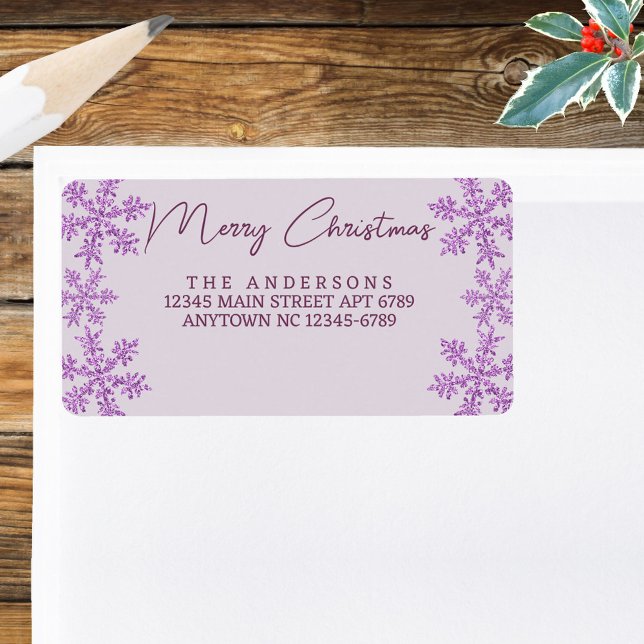 Snowflake Purple Glam Modern Script Christmas Label (Personalize your own address labels in this glam purple faux glitter snowflake Christmas design)