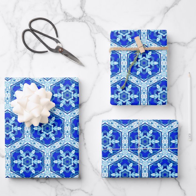 Snowflake Quit Pattern - Cobalt Blue and White  Wrapping Paper Sheet (Front)