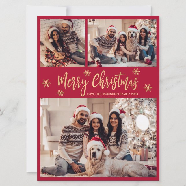 Snowflake Red and Gold 4 Photo Collage Christmas Holiday Card (Front)