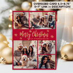 Snowflake Red and Gold 5 Photo Collage Christmas  Holiday Card<br><div class="desc">Modern Simple Elegant Calligraphy Red and Gold Snowflake 5 Photo Collage Merry Christmas Script Holiday Card. PLEASE NOTE, THESE 6.5" X 8.75" SIZE CARDS ARE LARGER THAN AVERAGE, DUE TO THE LARGER CARD SIZE, IT'S ALMOST CERTAIN THAT THE POSTAGE COSTS WILL BE HIGHER. IF YOU PREFER THE STANDARD 5X7" SIZE,...</div>