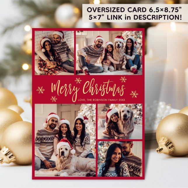 Snowflake Red and Gold 5 Photo Collage Christmas  Holiday Card (Creator Uploaded)