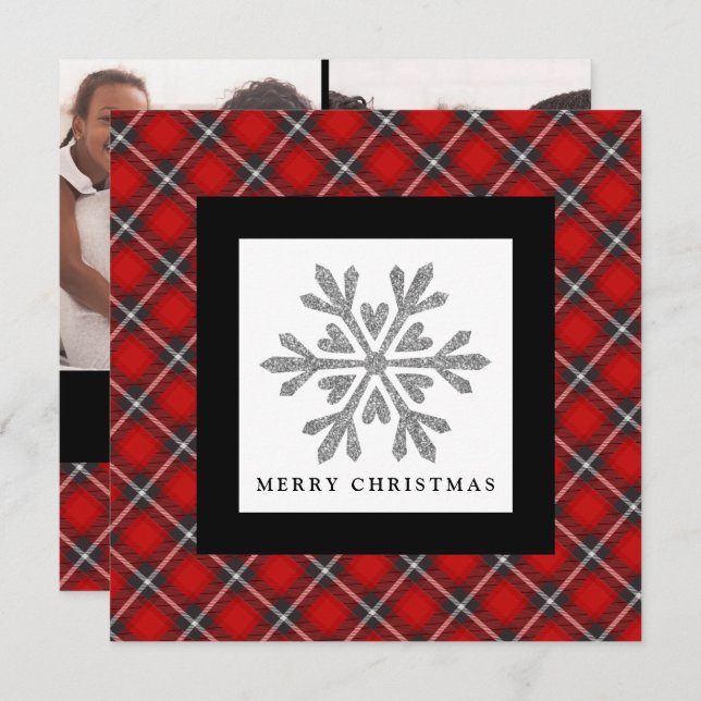 Snowflake Red Black Plaid 2 Photo Christmas Card (Front/Back)