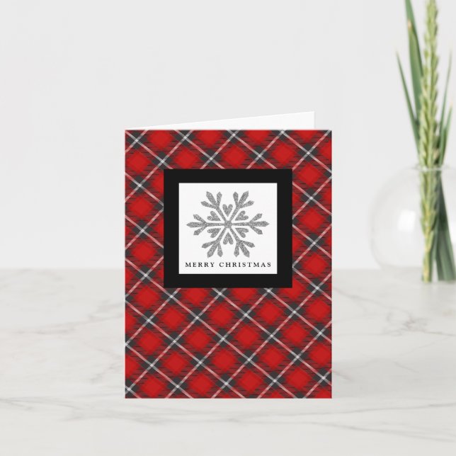 Snowflake Red Black Plaid Photo Christmas Card (Front)