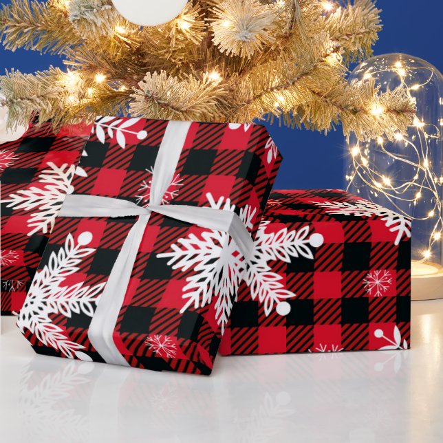 Snowflake Red Black Plaid Wrapping Paper (Holidays)