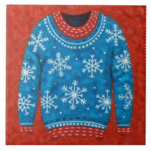 Snowflake Red Blue Ugly Sweater Fun Holiday Tile