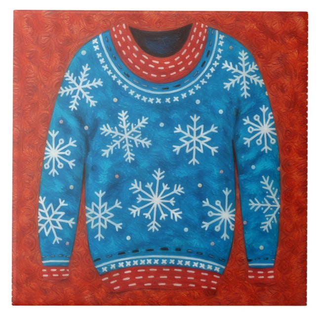 Snowflake Red Blue Ugly Sweater Fun Holiday Tile (Front)
