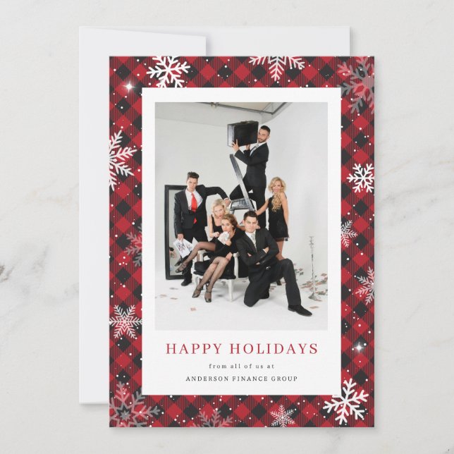 Snowflake Red Buffalo Plaid Photo Business Holiday Card (Front)