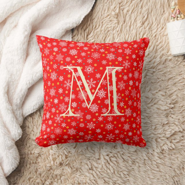 Snowflake Red Festive Modern Chic Monogram Initial Cushion (Blanket)