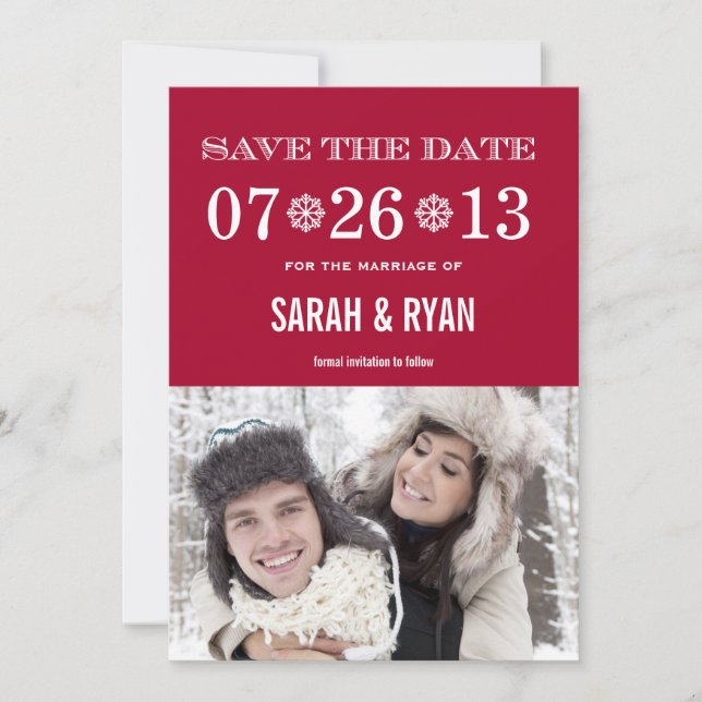 Snowflake Red Save the Date Photo Invitations (Front)