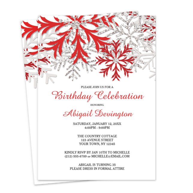 Snowflake Red Silver Winter Birthday Invitations (Creator Uploaded)