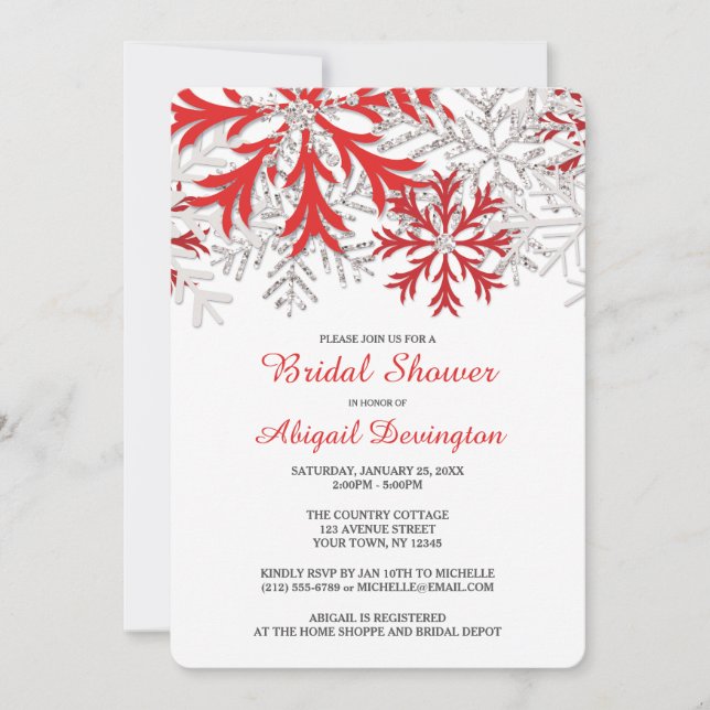 Snowflake Red Silver Winter Bridal Shower Invitation (Front)