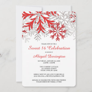 Snowflake Red Silver Winter Sweet 16 Invitations