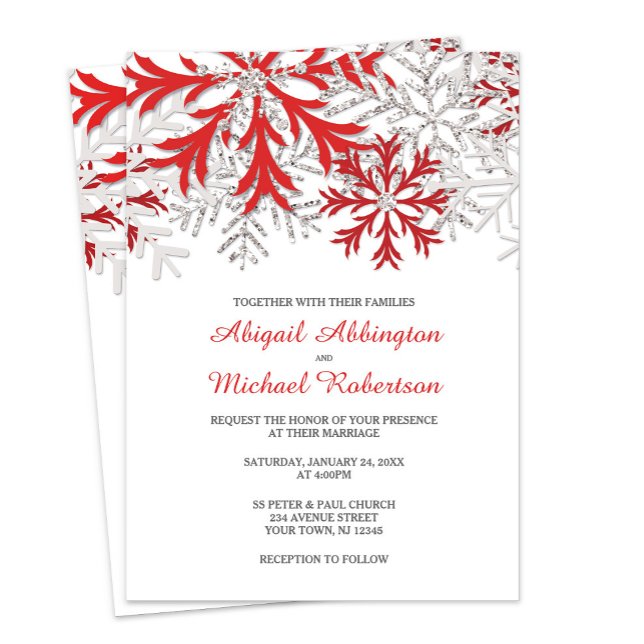 Snowflake Red Silver Winter Wedding Invitations (Creator Uploaded)