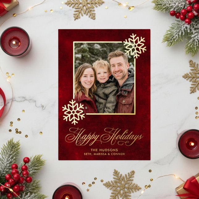 Snowflake Red Velvet Photo Happy Holidays Foil Holiday Card (Creator Uploaded)