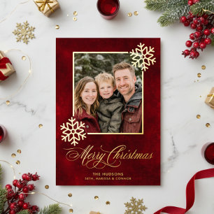 Snowflake Red Velvet Photo Merry Christmas Foil Holiday Card