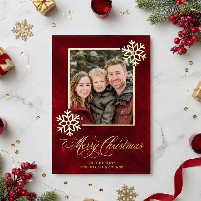 Snowflake Red Velvet Photo Merry Christmas Foil Holiday Card (Creator Uploaded)