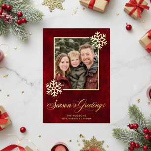 Snowflake Red Velvet Photo Seasons Greetings Foil Holiday Card