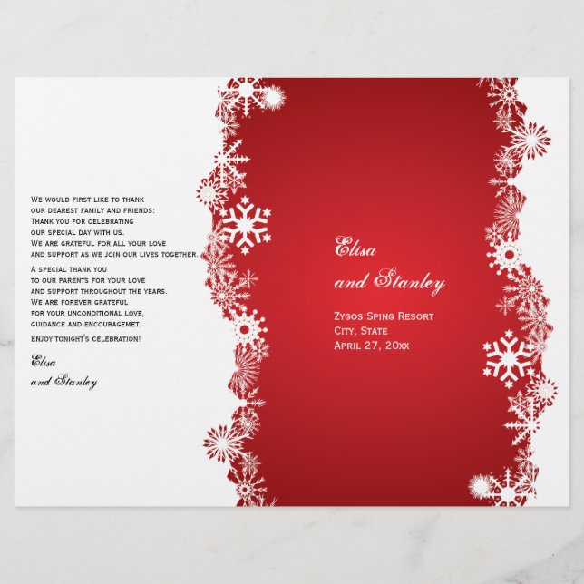Snowflake red white wedding folded program (Front)
