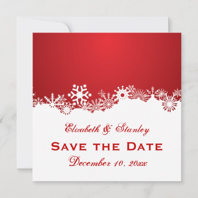 Snowflake red white winter wedding Save the Date (Front)