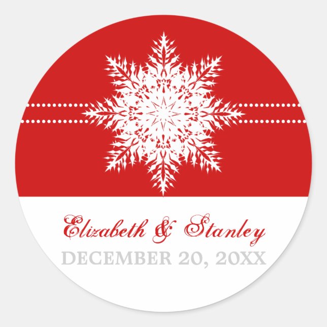 Snowflake red winter wedding Save the Date Classic Round Sticker (Front)