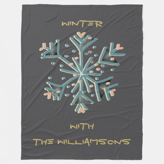 Snowflake script grey gold teal simple modern cute fleece blanket (Front)