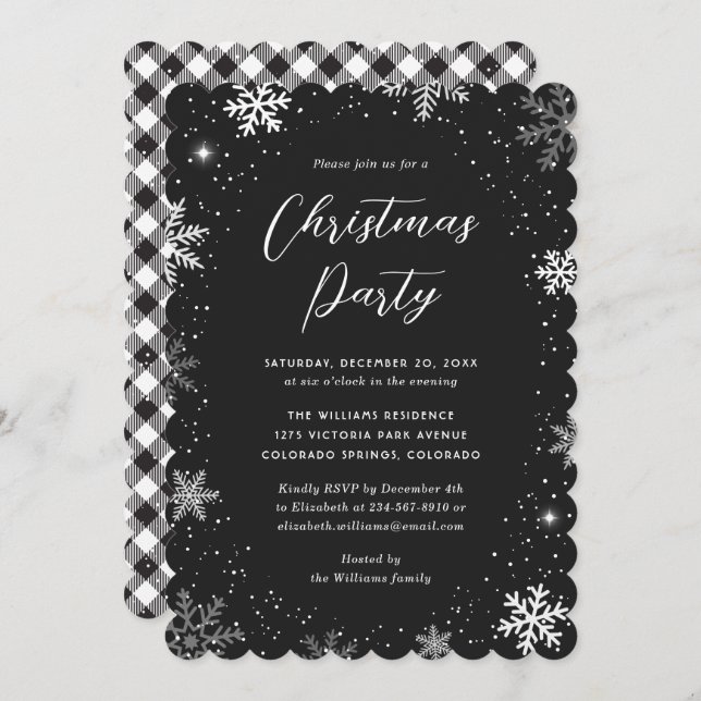Snowflake Snow Black White Plaid Christmas Party Invitation (Front/Back)