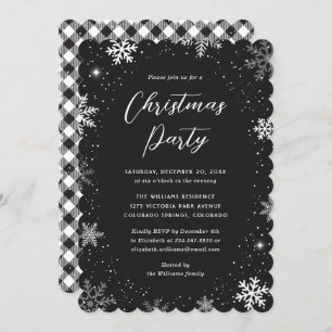 Snowflake Snow Black White Plaid Christmas Party Invitation
