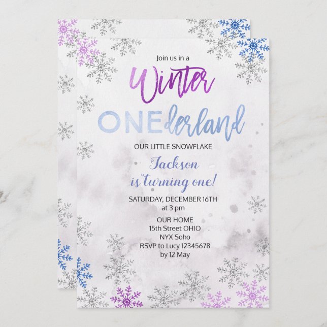 Snowflake Snow Onederland First Birthday Invite (Front/Back)