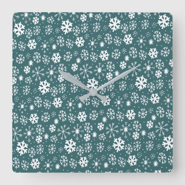 Snowflake Snowstorm In Aqua Blue Square Wall Clock (Front)
