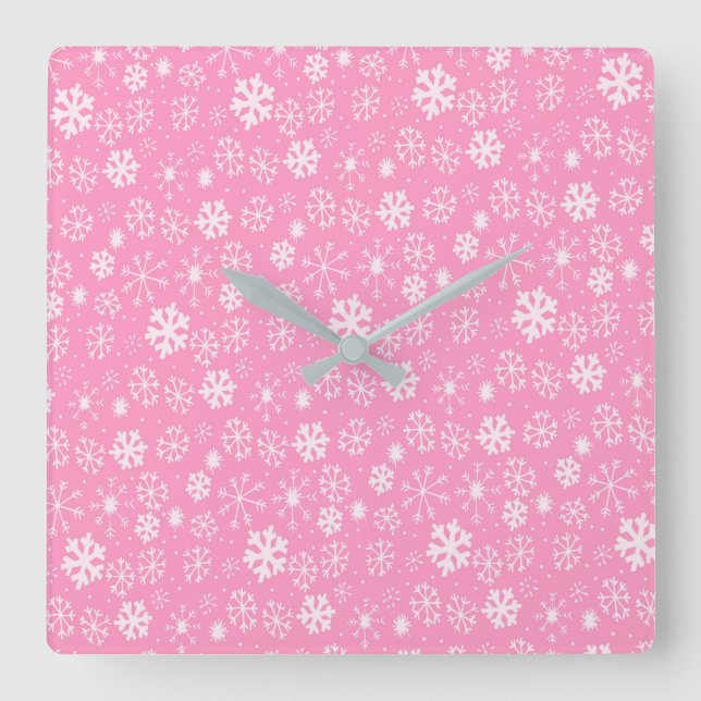 Snowflake Snowstorm In Pastel Pink Square Wall Clock (Front)