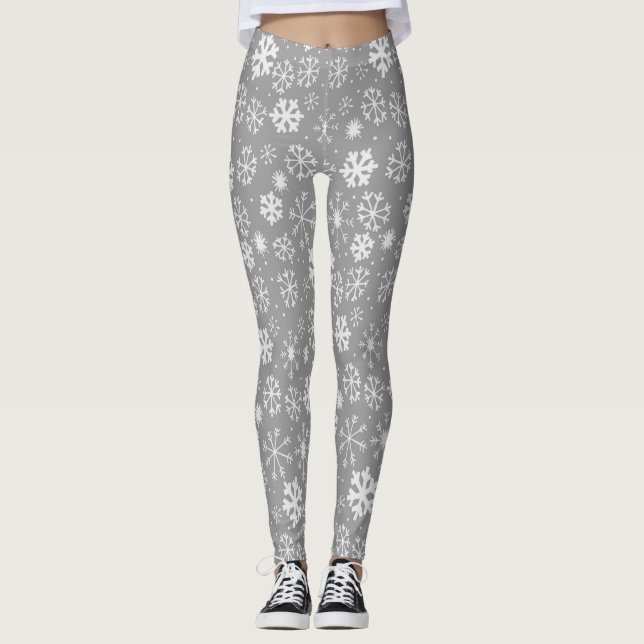 Snowflake Snowstorm In Silver Grey Leggings (Front)