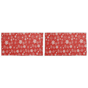 Snowflake Snowstorm With Poppy Red Background Pillowcase