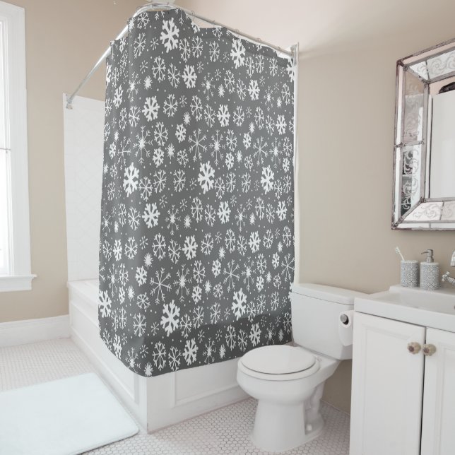 Snowflake Snowstorm With Silver Grey Background Shower Curtain (In Situ)