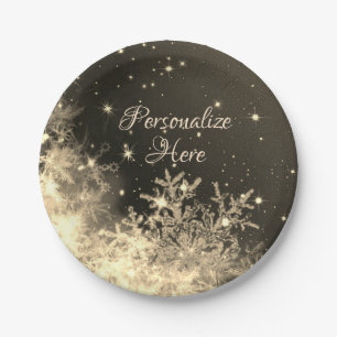 Snowflake sparkle gold brown cream winter paper plate