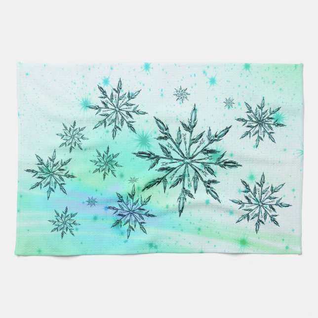 Snowflake swirl teal blue green winter cute tea towel (Horizontal)