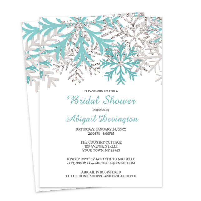 Snowflake Teal Blue Silver Winter Bridal Shower Invitation (Creator Uploaded)